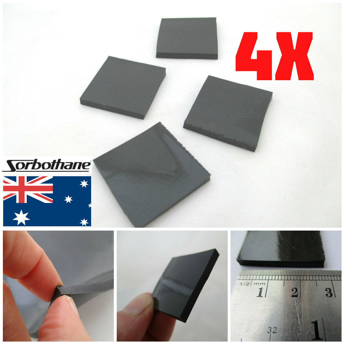 Sorbothane Vibration Isolation Pads 3x25x25mm or 6x25x25mm 4pc